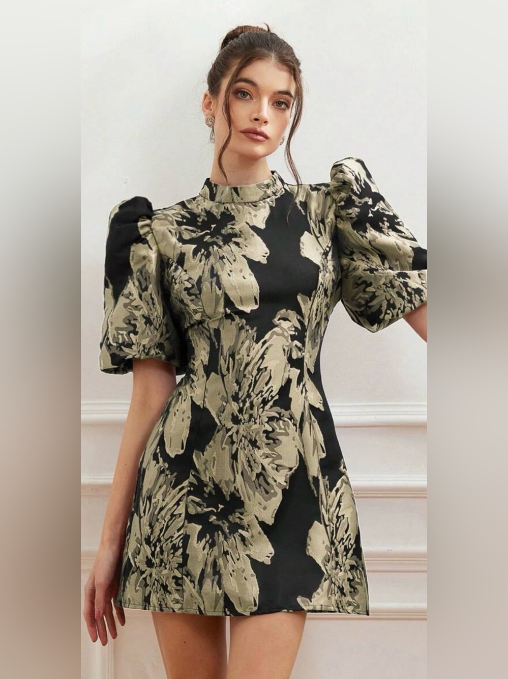 Black and Olive Floral Puff-Sleeve Midi Dress